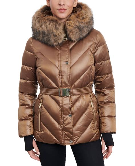 women's belted faux-fur-trim hooded puffer coat michael kors|michael kors hooded faux fur trim quilted belted puffer coat.